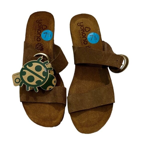 Yokono wedge sandals women's 7.5 brown suede 2 strap round buckle NWT - Picture 1 of 10
